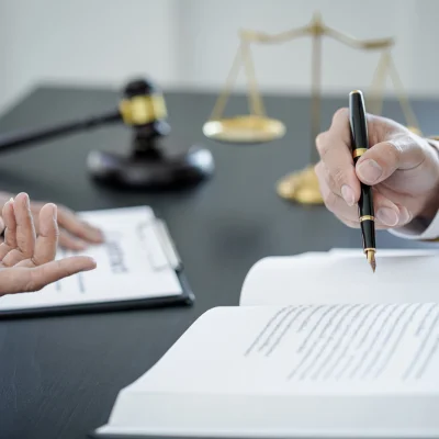 Geschäftsfrau und männlicher Anwalt oder Richter beraten und Konferenz mit Teamtreffen mit dem Mandanten