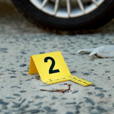 Tatort, Beweise und Ermittlungen mit Etikett für forensische Wissenschaft auf Straße mit Autounfall