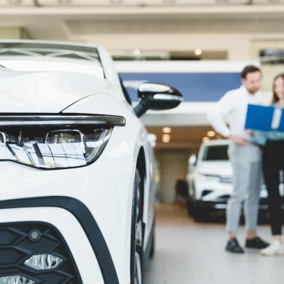 Zwei Personen im Hintergrund schauen auf zwei Unterlagen im Vordergrund ein weißes Auto