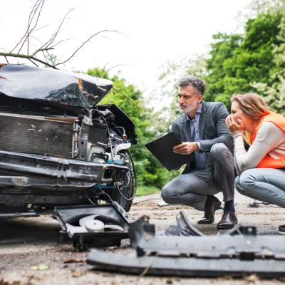 Ein Gutachter inspiziert mit einer Frau ein Auto nach einem Unfall