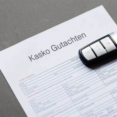 Kasko Gutachten mit Autoschlüssel liegt auf einem Tisch