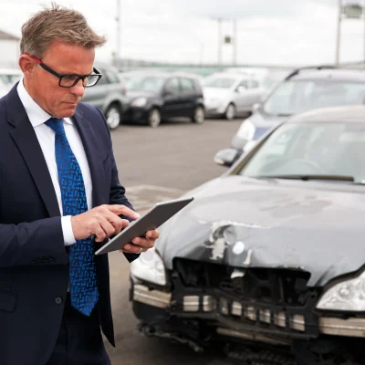 Mann steht mit Tablet vor einem Auto mit Frontschaden