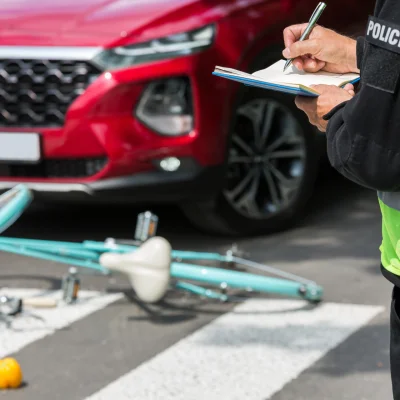 Polizist schreibt ein Ticket, das vor einem roten Auto steht, das einen Radfahrer auf einer Fußgängerzone angefahren hat