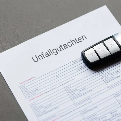 Unfallgutachten mit Autoschlüssel liegt auf einem Tisch