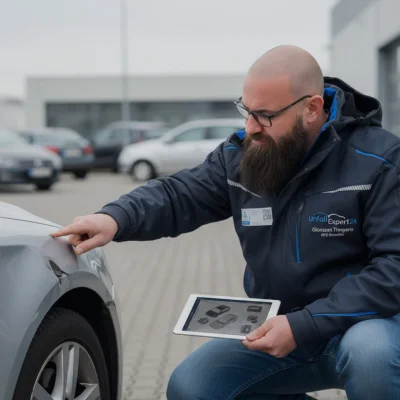 Giovanni Timperio prüft einen Unfallschaden an einem Fahrzeug.