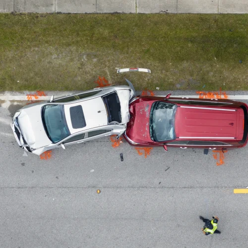 Ein rotes Auto ist in ein anderes gefahren und verursacht so einen Heckschaden