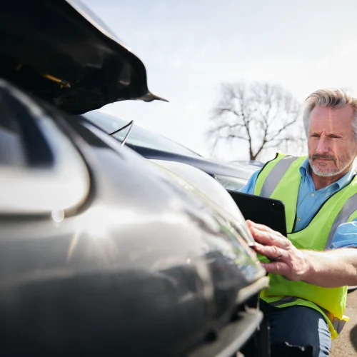 Männlicher Schadensregulierer mit digitalem Tablet zur Bewertung des Versicherungsanspruchs in