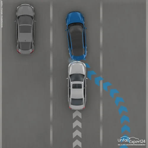 Bei einem unvorhersehbaren Spurwechsel durch das blaue Fahrzeug kommt es zu einem Heckschaden