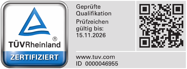 TÜV Rheinland Prüfzeichen – Geprüfte Qualifikation, gültig bis 15.11.2026, ID 0000046955